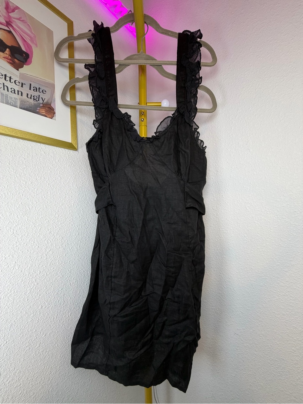 Free People Black Ruffle Strap Linen Mini Dress Like New Large